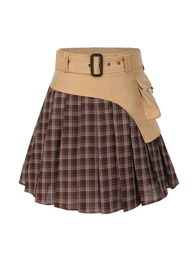 [Pré-vente] Jupe plissée à carreaux en patchwork marron avec ceinture des années 1960
