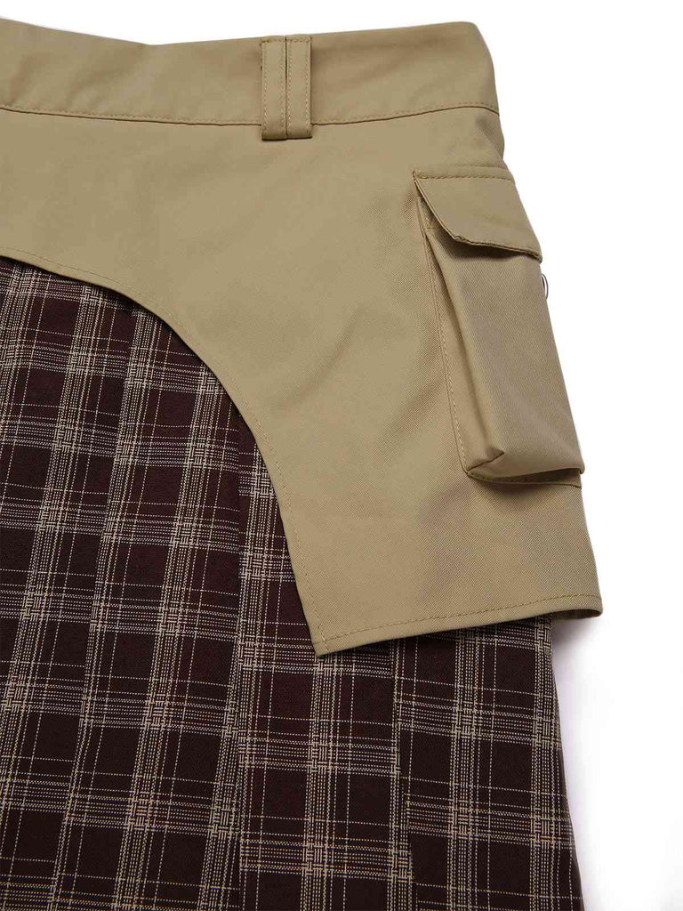 2PCS Veste patchwork à carreaux et jupe plissée kaki et marron années 1960