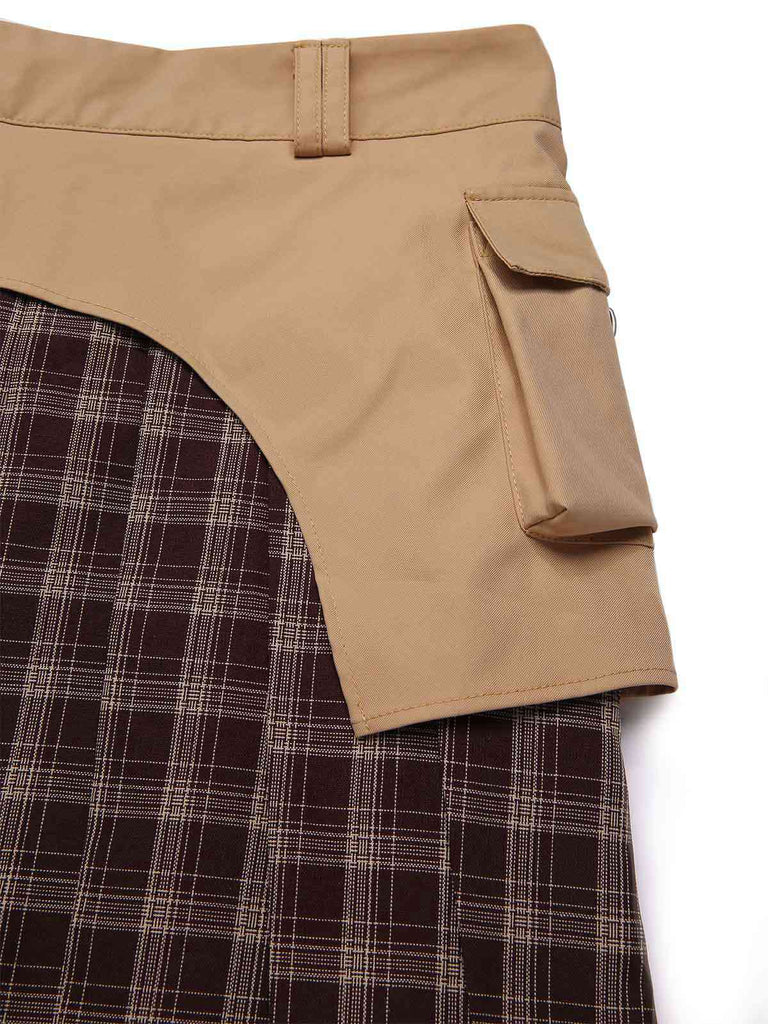 [Pré-vente] Jupe plissée à carreaux en patchwork marron avec ceinture des années 1960