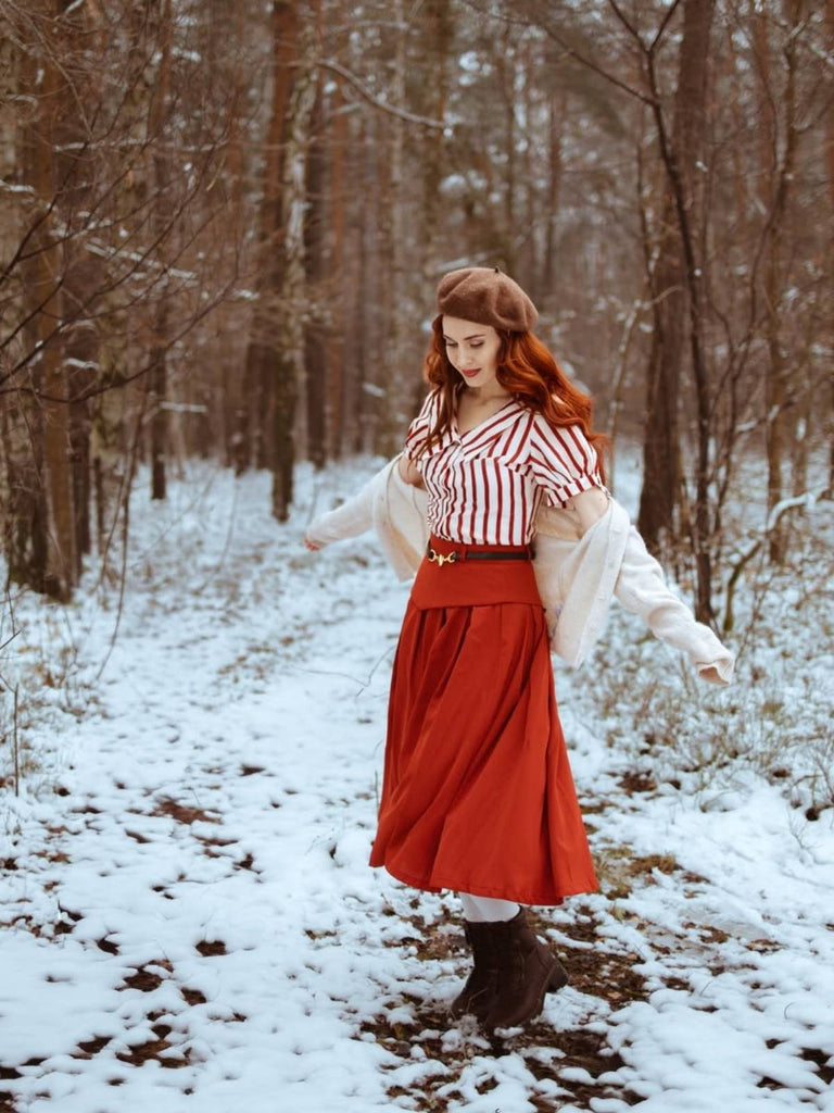 2PCS Chemisier rayé rouge orange des années 1950 et jupe plissée