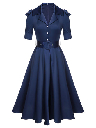 Robe à revers bleue unie à manches courtes des années 1940