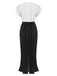 Robe patchwork rayée noire et blanche à col en V profond des années 30