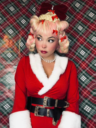 Robe à revers de Noël rouge et blanche en peluche des années 1950