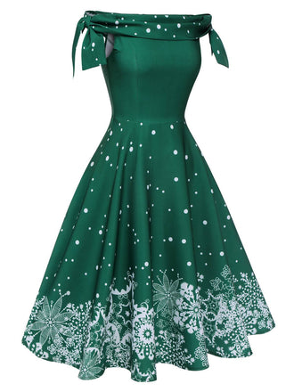 Robe verte à épaules dénudées en forme de flocon de Noël des années 1950