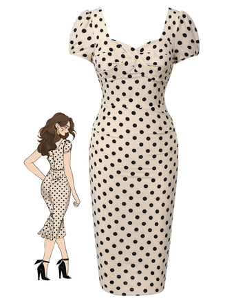 [Prévente] Robe bouffante beige à pois des années 1960 à col carré