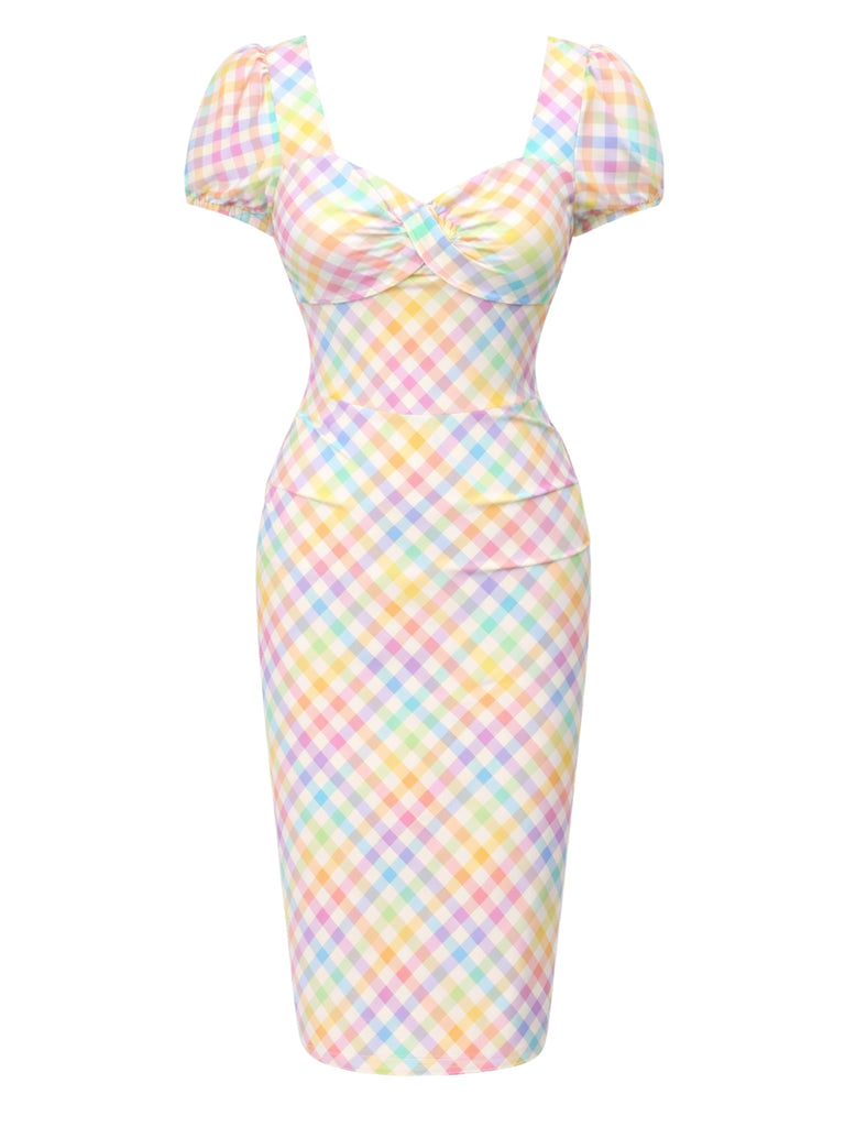 Robe encolure carrée manches bouffantes et motif carreaux arc-en-ciel années 1960