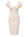 Robe encolure carrée manches bouffantes et motif carreaux arc-en-ciel années 1960