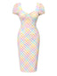 Robe encolure carrée manches bouffantes et motif carreaux arc-en-ciel années 1960