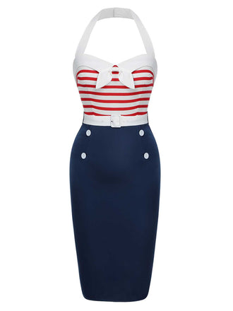 Robe dos nu à rayures et ceinture avec nœud des années 1960