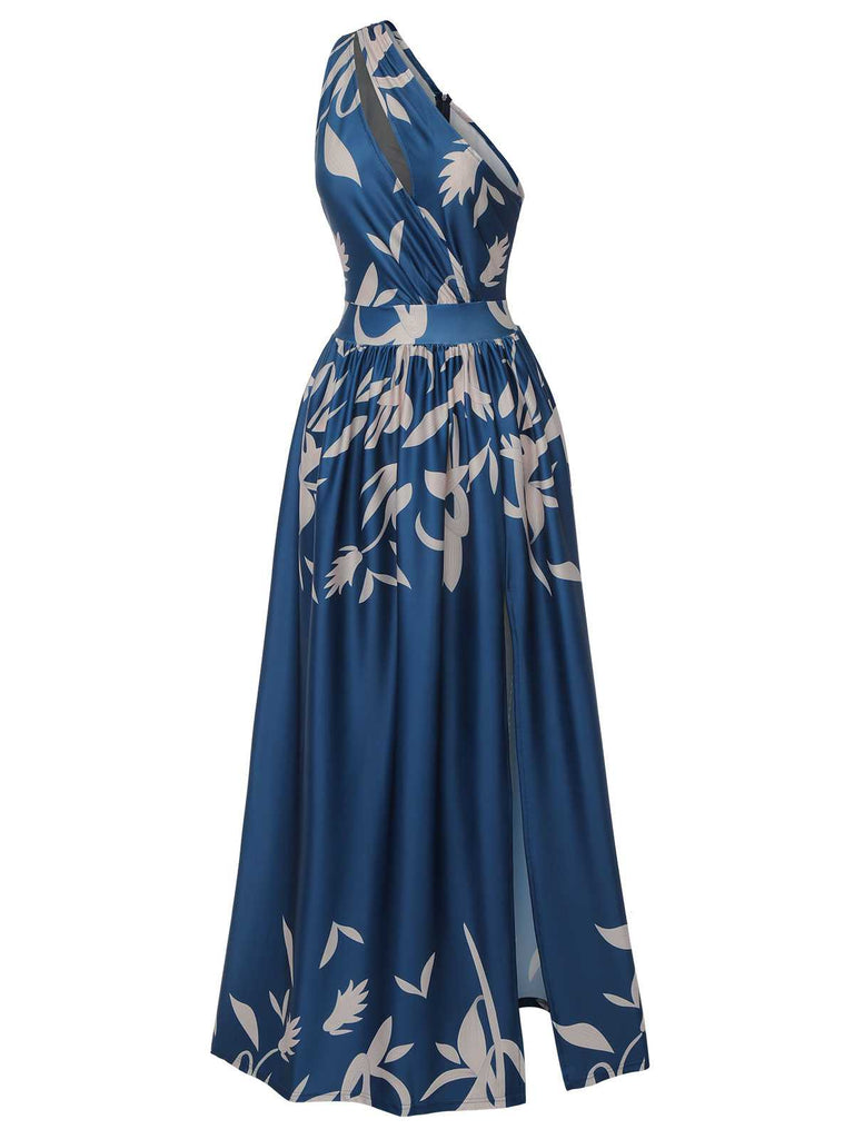 [Pré-vente] Robe bleue à une épaule et fente des années 1940