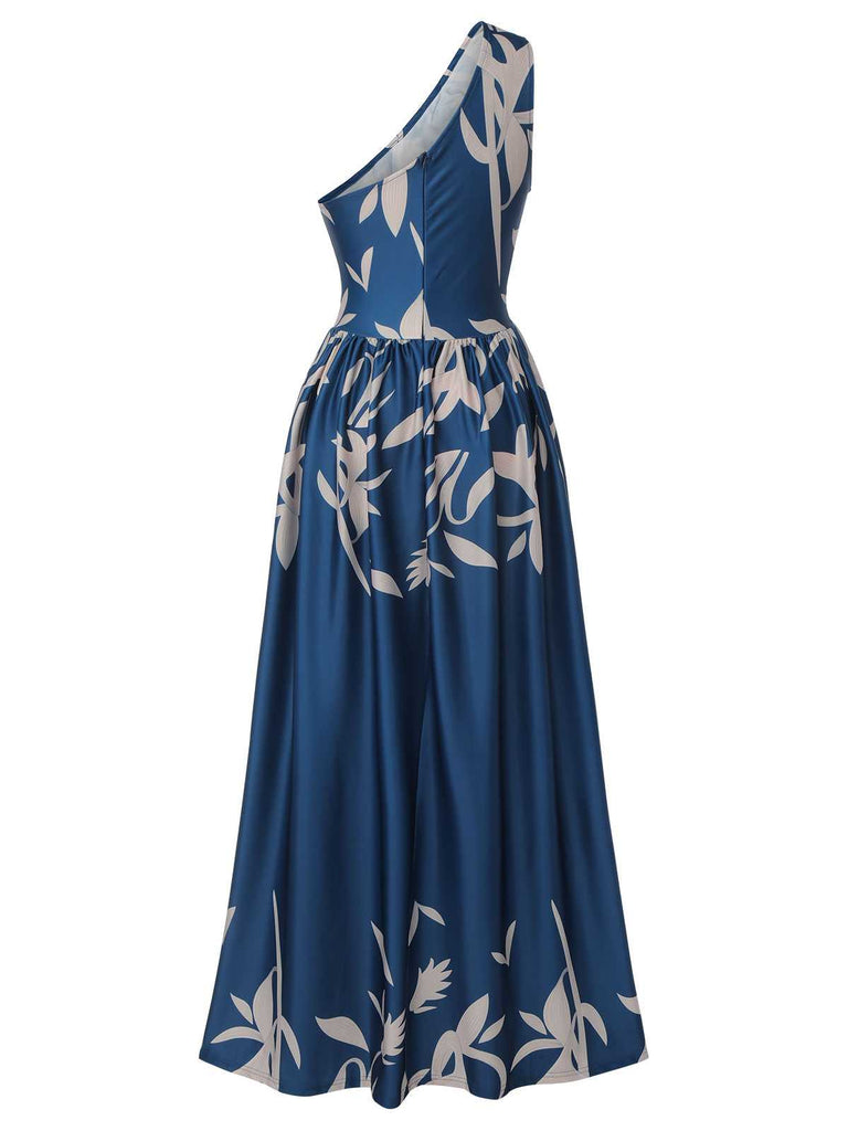 [Pré-vente] Robe bleue à une épaule et fente des années 1940
