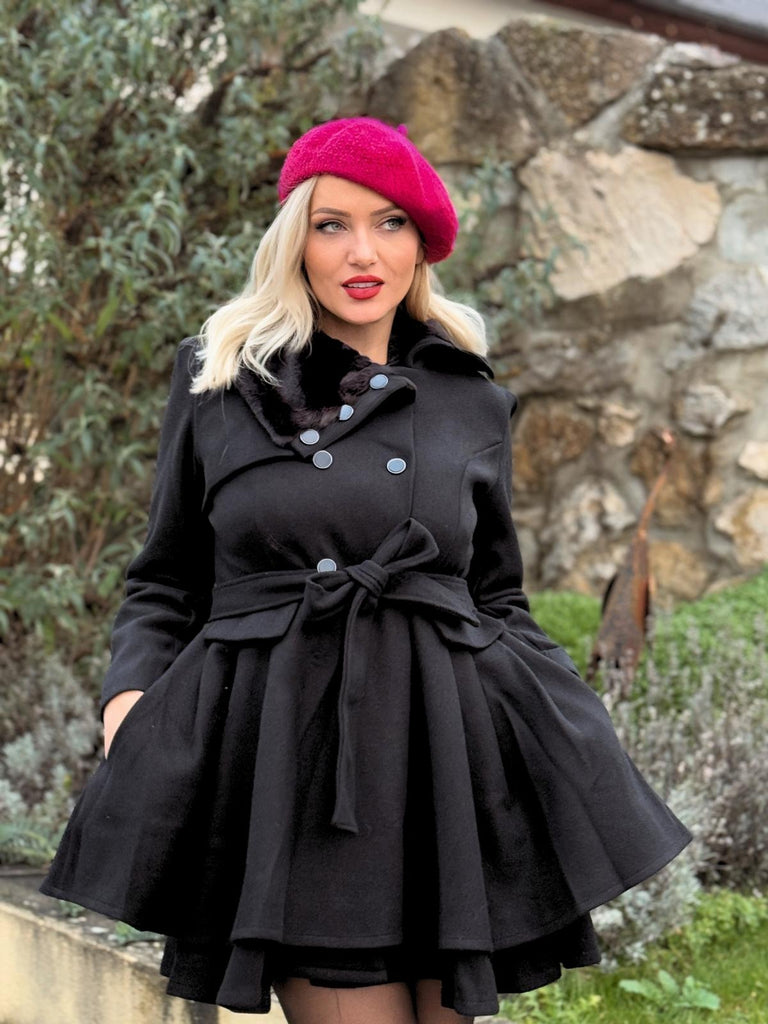 Manteau en hiver cintré à col en fourrure Noir de Noël Chic