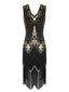 Robe Gatsby à pompons et paillettes à col en V des années 1920