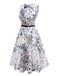 Robe blanche sans manches à ceinture florale et col en V des années 1940