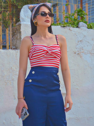 Combinaison bleu foncé à rayures et bretelles spaghetti années 30