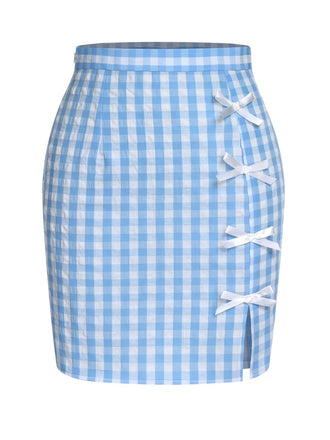 Jupes à carreaux bleus avec nœud papillon des années 1960