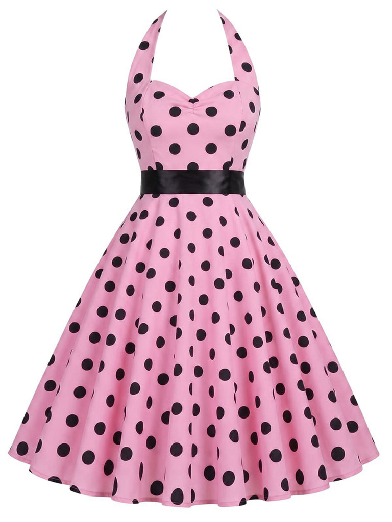 Robe ceinturée à pois contrastés dos nu noir des années 1950