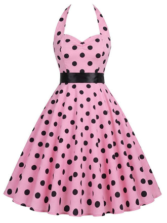 Robe rose ceinturée à pois dos nu années 1950