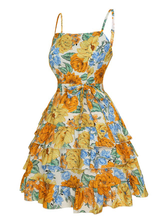 Robe à bretelles superposées à motif floral multicolore des années 1950