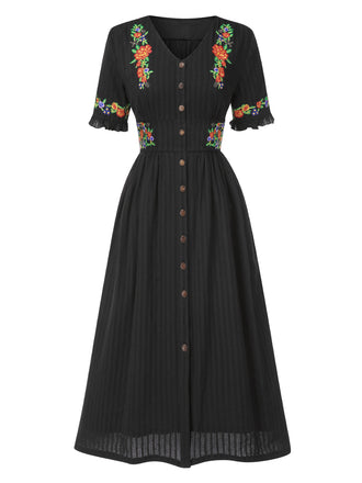 Robe fleurie brodée en coton noire à col en V des années 40