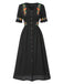 Robe fleurie brodée en coton noire à col en V des années 40