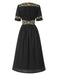 Robe fleurie brodée en coton noire à col en V des années 40