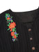 Robe fleurie brodée en coton noire à col en V des années 40