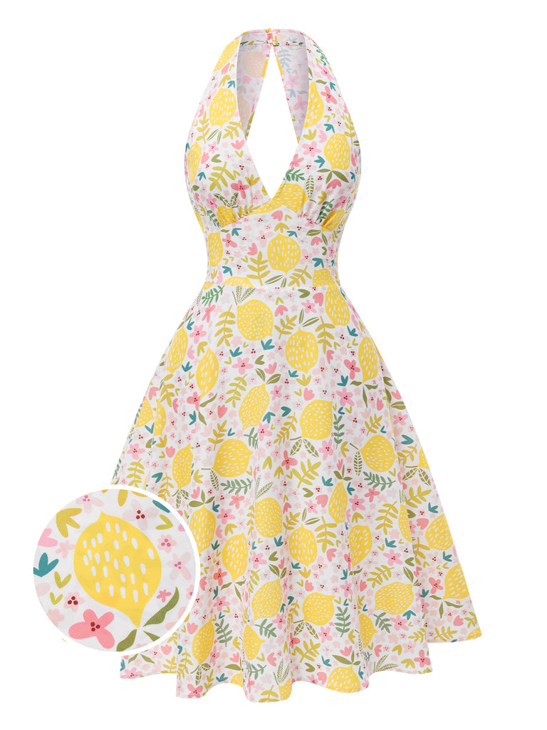 Robe Licou À Col V Imprimé Citrons Années 1950