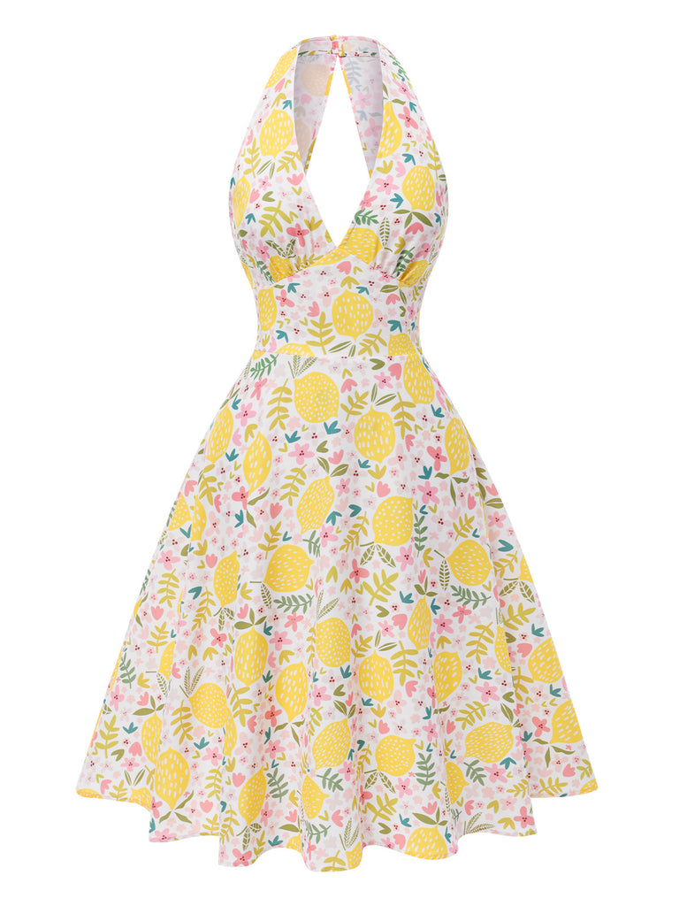 Robe Licou À Col V Imprimé Citrons Années 1950