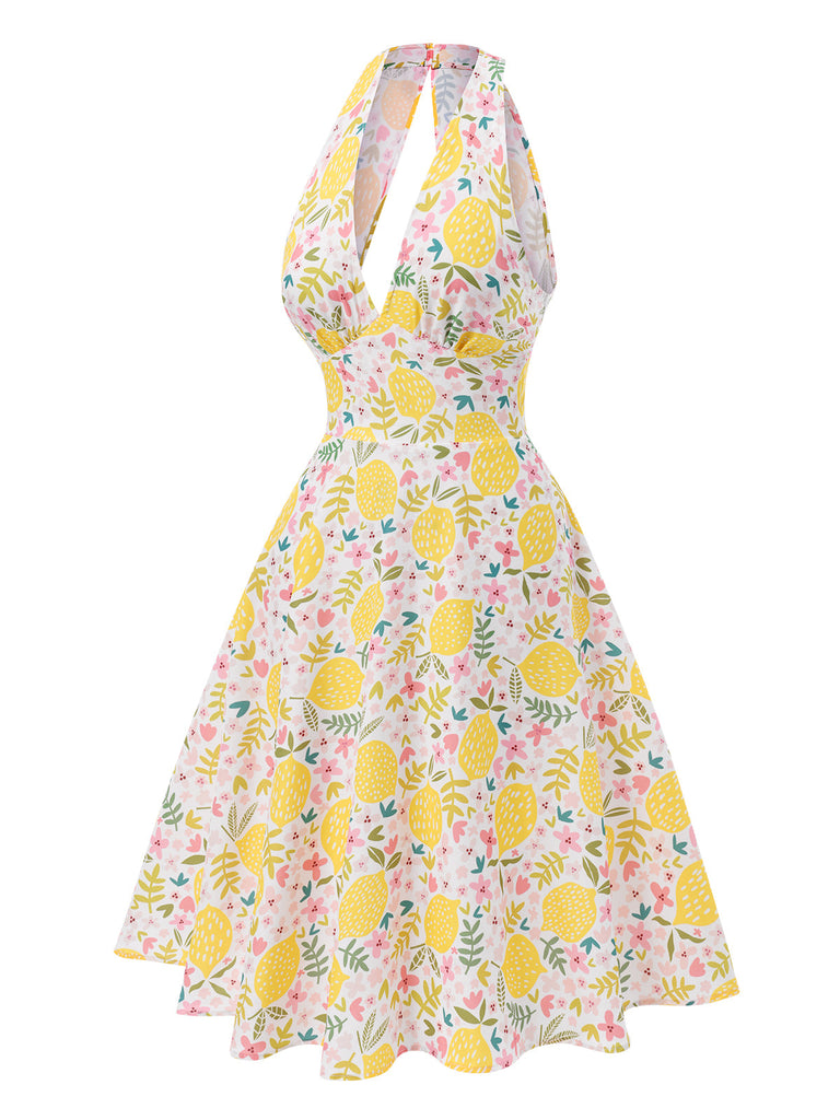 Robe Licou À Col V Imprimé Citrons Années 1950