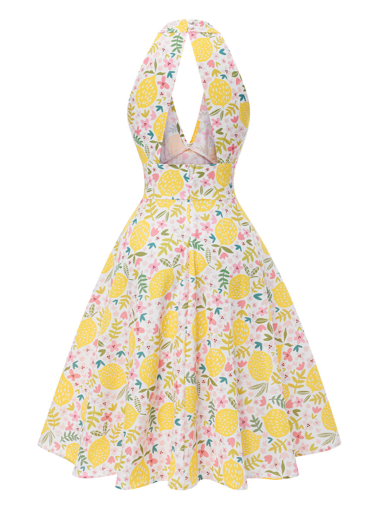 Robe Licou À Col V Imprimé Citrons Années 1950
