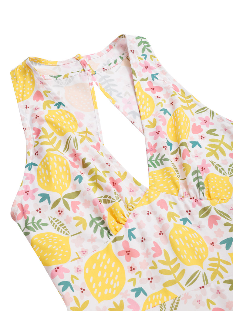 Robe Licou À Col V Imprimé Citrons Années 1950
