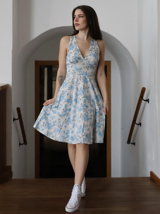 Robe bleu col en V motif fleurs années 1950