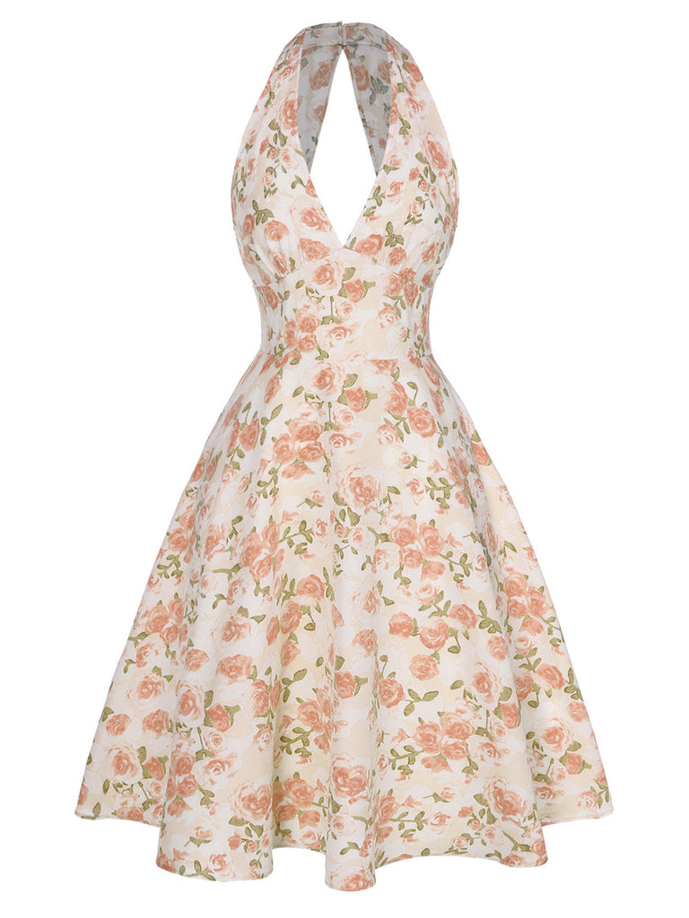 Robe orange à col en V et motif fleurs des années 1950