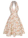 Robe orange à col en V et motif fleurs des années 1950