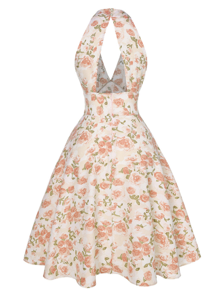 Robe orange à col en V et motif fleurs des années 1950