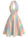 Robe Col V Rayée Florale Arc-en-Ciel Années 1950