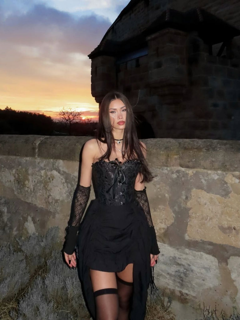 2PCS Corset Dentelle Hors Épaule et Jupe Plissée Ourlet Haut et Bas Steampunk