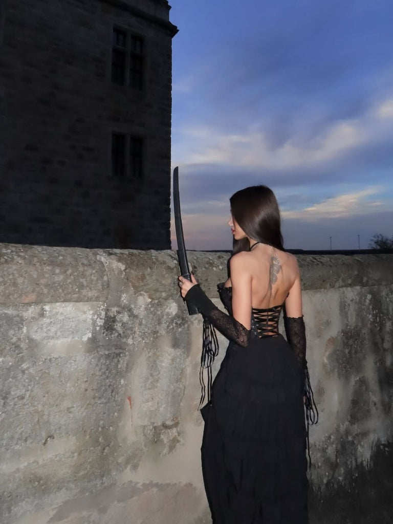 2PCS Corset Dentelle Hors Épaule et Jupe Plissée Ourlet Haut et Bas Steampunk