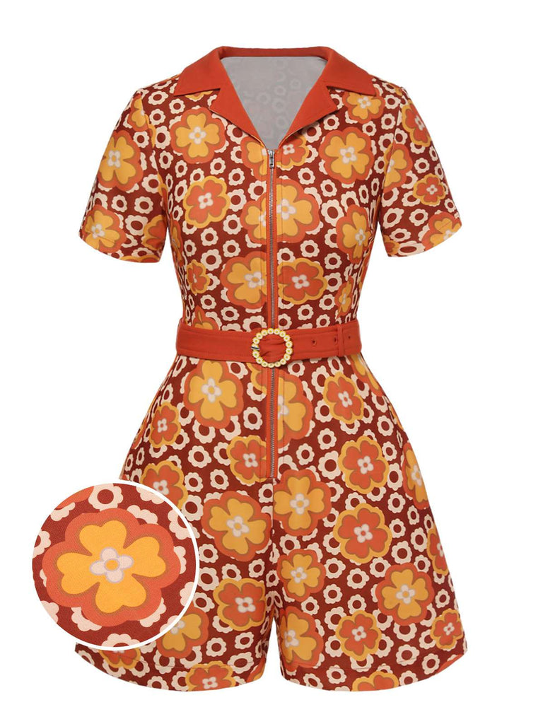 Combishort à revers fleurie orange des années 1960