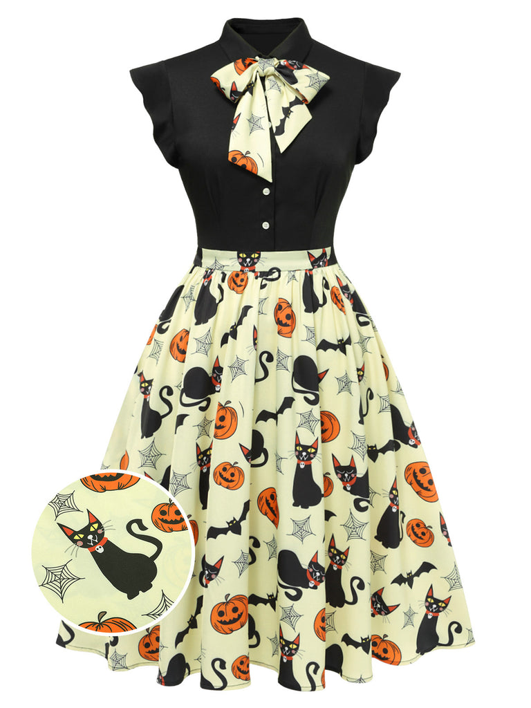 Robe jaune à revers avec nœud pour Halloween des années 1950