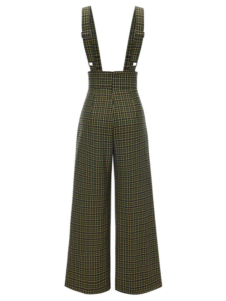 Pantalon salopette boutonné à carreaux Glen vert des années 40