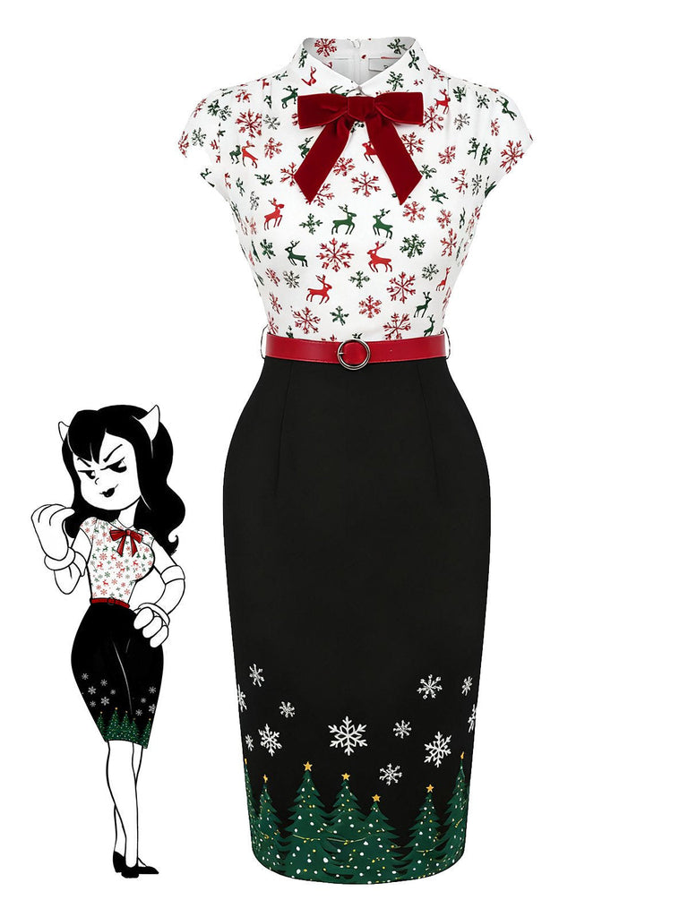 [Pré-vente] Robe crayon noire motif sapin de Noël renne flocon de neige années 1960