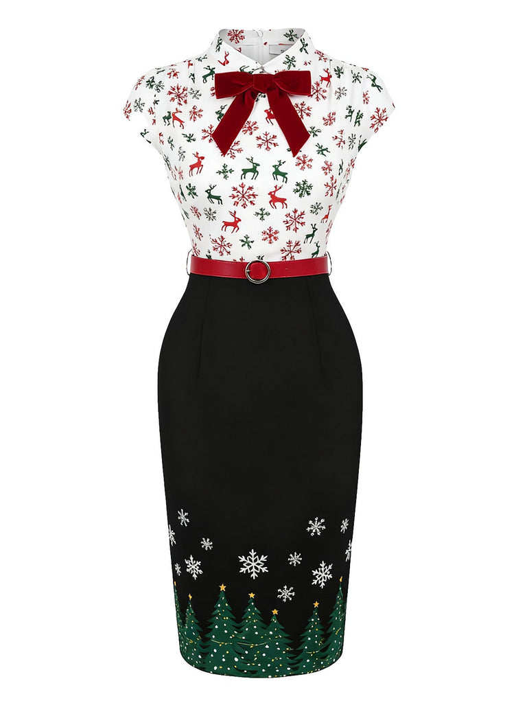 [Pré-vente] Robe crayon noire motif sapin de Noël renne flocon de neige années 1960
