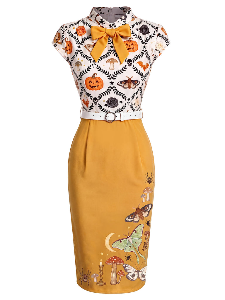 [Prévente] Robe crayon jaune à revers et nœuds chauve-souris des années 1960