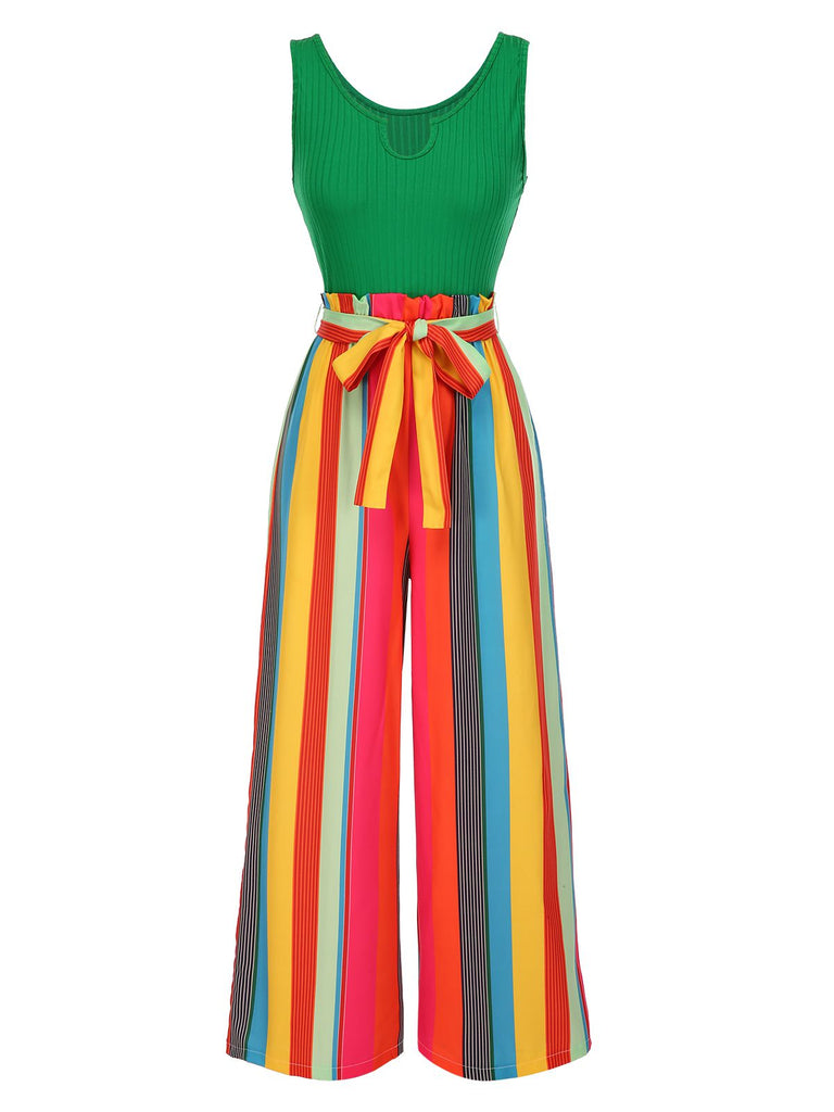Combinaison en tricot à rayures noires des années 1950 avec ceinture