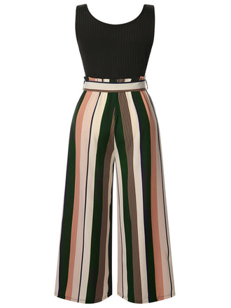 [Grande taille] Combinaison en tricot à rayures noires années 1950 avec ceinture