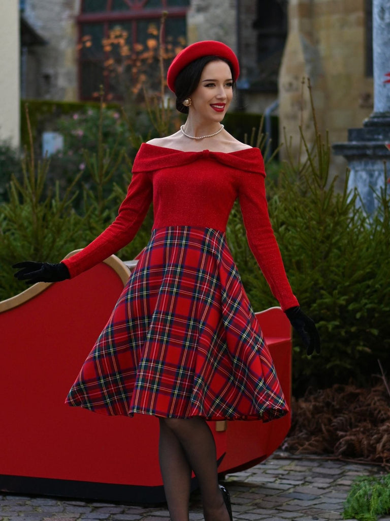Robe rouge à carreaux de Noël à épaules dénudées des années 1950