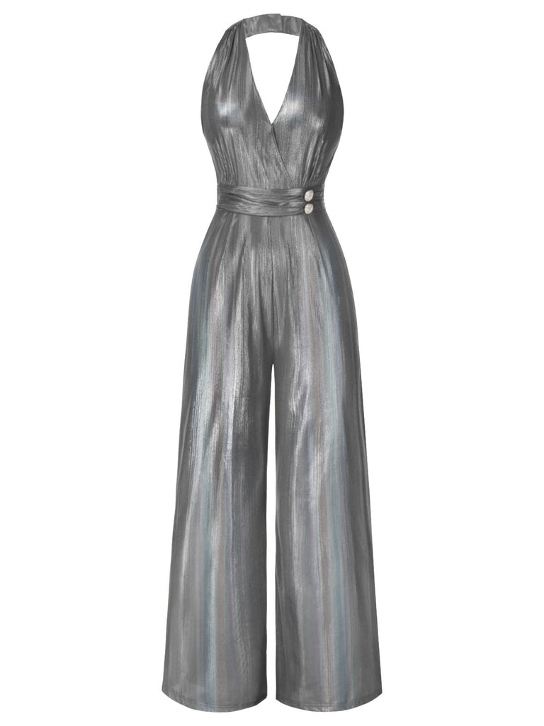 Combinaison dos nu à col en V unie dorée des années 1970