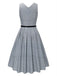 2PCS robe à carreaux et chemisier en satin gris à col en V des années 40